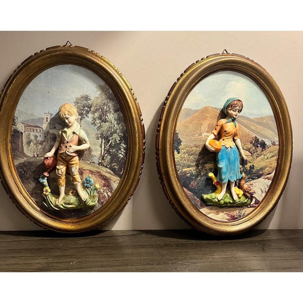 Vintage‎ Italian Chalkware 3D Wall Plaque Set Boy Girl Oval Gold Frames Italy